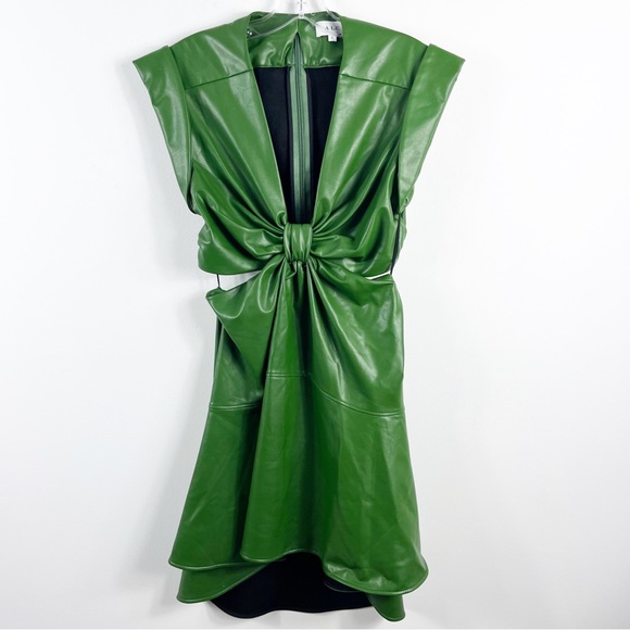 A.L.C. Lexi Faux Leather Cut Out Mini Flounce Hem Dress Size 6 Forest Green - Picture 6 of 13